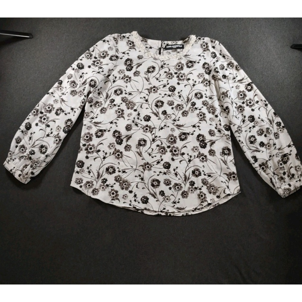 Karl lagerfeld Women's Black & White Floral Print Blouse With Pearl Accents Size